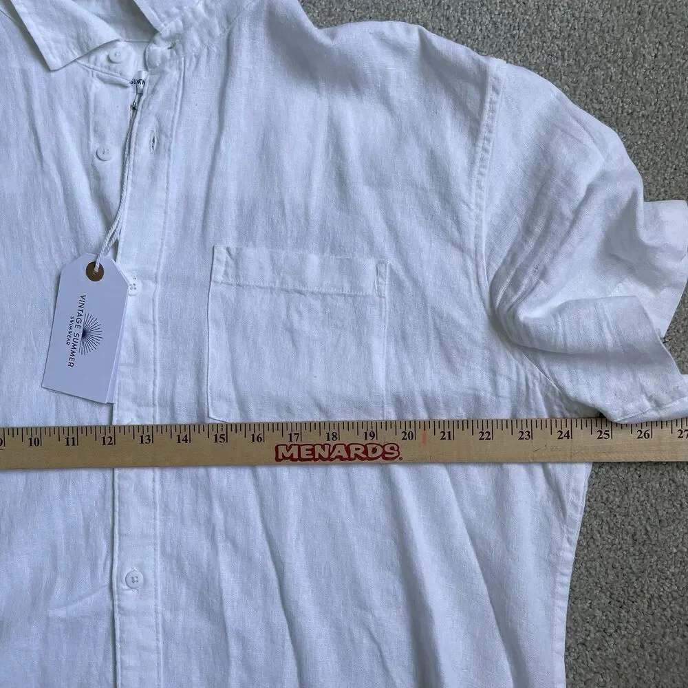 Vintage Summer Linen Blend Button Down Shirt Top Short Sleeves White Men's XL